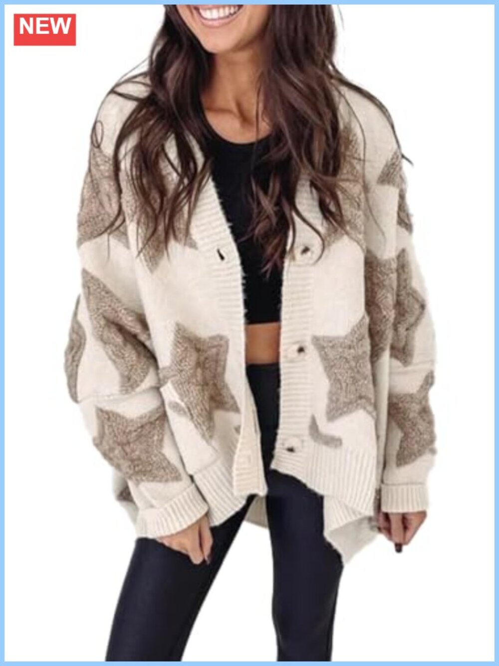 Star Sherpa Textured Knit Cardigan Open Front Loose Fit